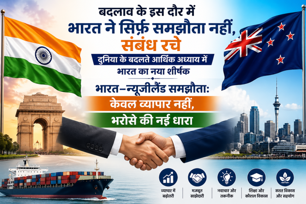 वैश्विक अर्थव्यवस्था के बदलते प्रवाह के बीच 27 अप्रैल 2026 को नई दिल्ली के भारत मंडपम में वह ऐतिहासिक क्षण दर्ज हुआ, जब भारत–न्यूजीलैंड मुक्त व्यापार समझौते (एफटीए) ने एक नए युग का संकेत दिया।