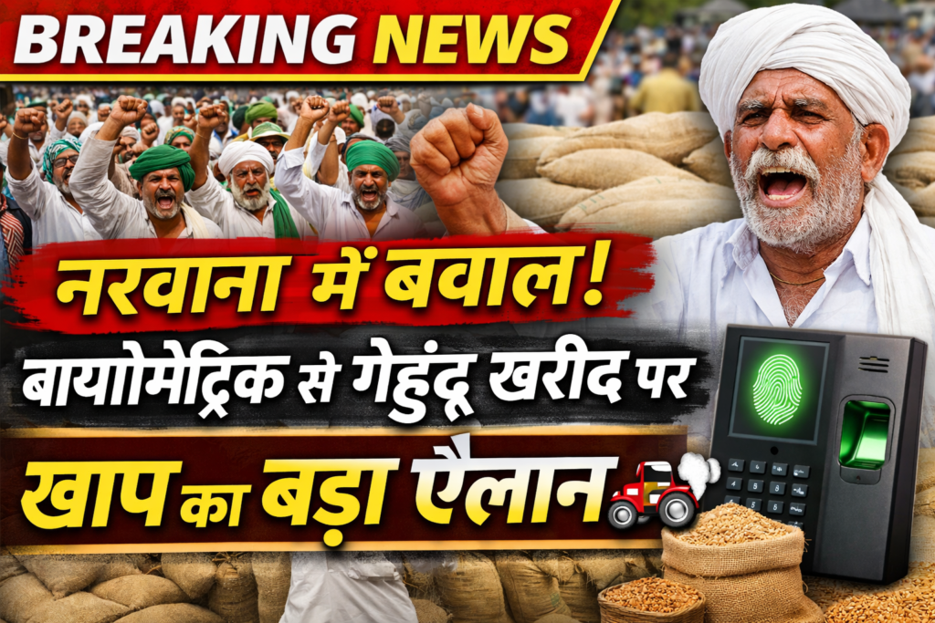 नरवाना में बायोमेट्रिक से गेहूं खरीद के फैसले पर बवाल, सर्वजातीय बिनैन खाप की बड़े आंदोलन की चेतावनी