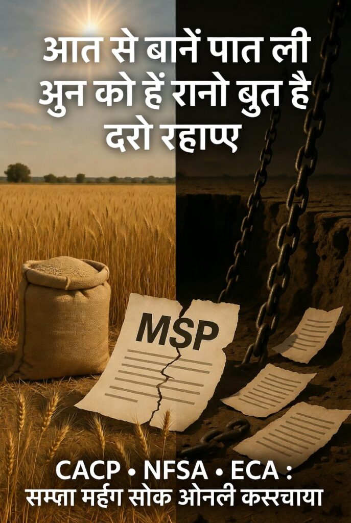 अन्न का कटोरा अब कर्ज का कटोरा बन गया है - पंजाब हरियाणा के किसानों पर CACP, NFSA और ECA कानूनों का असर दिखाती symbolic इमेज। बाएं तरफ सुनहरे गेहूं के खेत और अनाज के बोरियां, दाएं तरफ गहरे कर्ज के गड्ढे में जंजीरें और फटे MSP दस्तावेज।"