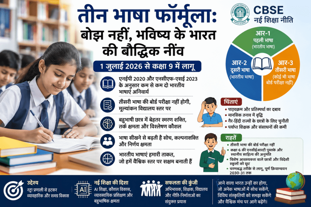तीन भाषा फॉर्मूला पर आधारित एक शैक्षिक इंफोग्राफिक जिसमें सीबीएसई की नई शिक्षा नीति 2026 को दर्शाया गया है। चित्र में कक्षा 9 के छात्र-छात्राएं पढ़ाई करते हुए दिख रहे हैं, साथ ही तीन भाषाओं (आर-1, आर-2, आर-3) का चार्ट दिया गया है। इंफोग्राफिक में बताया गया है कि दो भारतीय भाषाएं अनिवार्य होंगी और तीसरी भाषा की बोर्ड परीक्षा नहीं होगी। इसमें शिक्षा नीति 2020, बहुभाषिक शिक्षा के लाभ, और छात्रों की चुनौतियों व राहतों को आइकन और बिंदुओं के माध्यम से समझाया गया है।