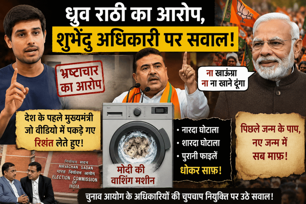 ध्रुव राठी के आरोप, शुभेंदु अधिकारी पर भ्रष्टाचार विवाद और मोदी की वाशिंग मशीन राजनीति का प्रतीकात्मक समाचार चित्र