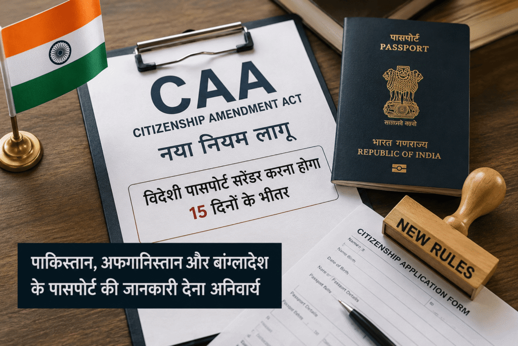 CAA के तहत नागरिकता लेने वालों के लिए नया नियम: विदेशी पासपोर्ट 15 दिनों में करना होगा जमा CAA के तहत भारतीय नागरिकता के नए नियम से संबंधित दस्तावेज, भारतीय पासपोर्ट और राष्ट्रीय ध्वज का प्रतीकात्मक दृश्य, जिसमें विदेशी पासपोर्ट सरेंडर करने की अनिवार्यता को दर्शाया गया है।