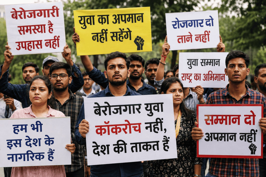 बेरोजगार युवा ‘कॉकरोच’ नहीं, भारत की सबसे बड़ी शक्ति हैं बेरोजगार युवाओं के सम्मान और रोजगार की मांग को लेकर प्रदर्शन करते भारतीय युवा, हाथों में तख्तियां लिए संदेश दे रहे हैं कि बेरोजगार युवा देश की ताकत हैं, उनका अपमान नहीं सम्मान होना चाहिए।