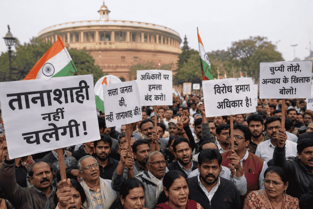 तानाशाही, सत्ता और भविष्य का सच: एक राजनीतिक विचारशील विश्लेषण भारतीय संसद भवन के सामने लोकतंत्र और नागरिक अधिकारों की रक्षा के लिए तानाशाही के विरोध में प्रदर्शन करते लोगों का दृश्य, जिनके हाथों में अधिकारों और न्याय के समर्थन वाले पोस्टर हैं।