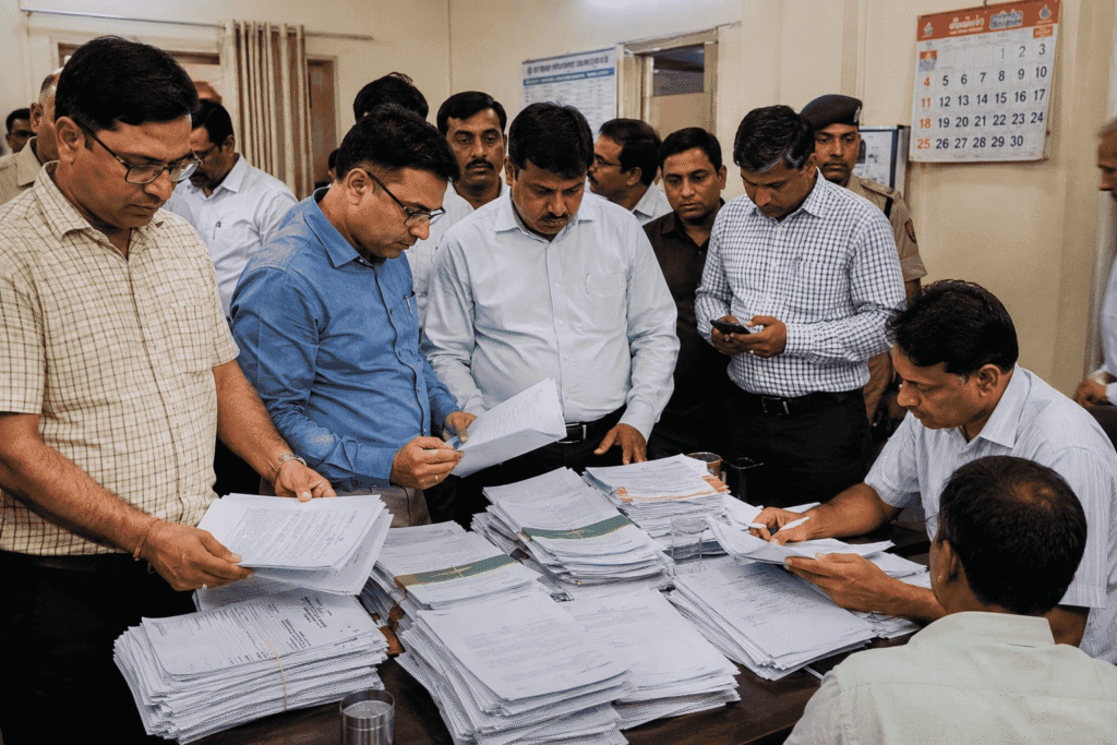 हरियाणा में वोटर लिस्ट पुनरीक्षण और एसआईआर अभियान को लेकर अधिकारियों व राजनीतिक प्रतिनिधियों की बैठक में दस्तावेजों की जांच करते लोग।