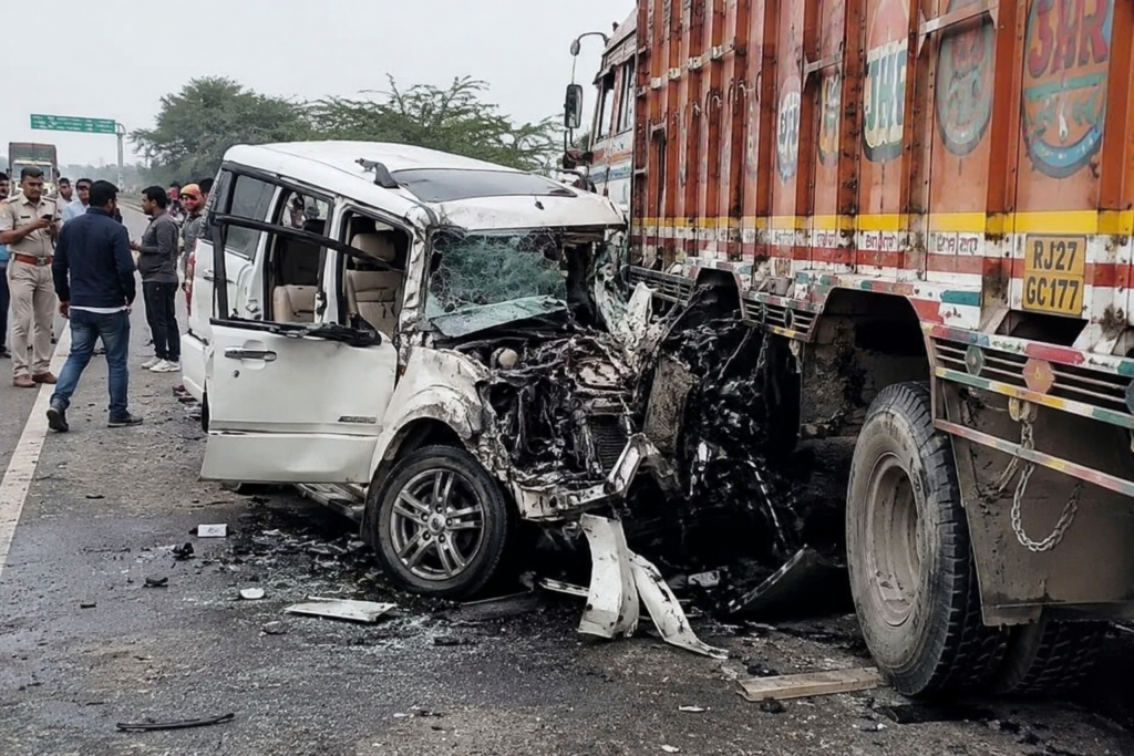 रेवाड़ी में एक ही परिवार के तीन लोगों की मौत रेवाड़ी-जैसलमेर हाईवे पर ट्रक से टकराई क्षतिग्रस्त स्कॉर्पियो के पास खड़े पुलिसकर्मी और स्थानीय लोग, सड़क हादसे के बाद का दृश्य।