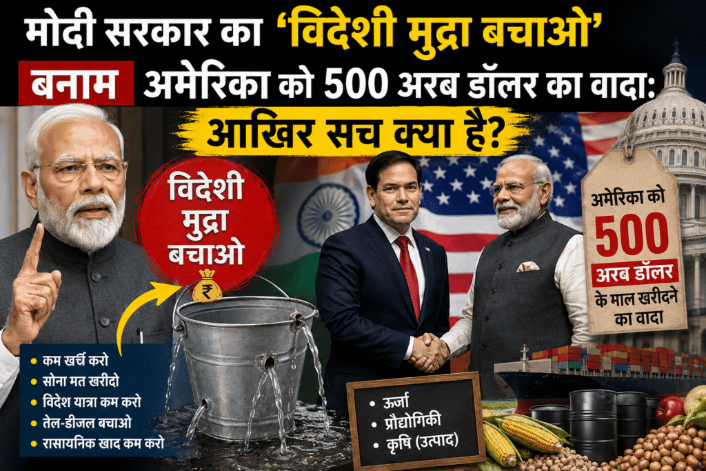 प्रधानमंत्री नरेंद्र मोदी और अमेरिकी विदेश सचिव मार्को रूबियो की मुलाकात को दर्शाती राजनीतिक न्यूज ग्राफिक, जिसमें ‘विदेशी मुद्रा बचाओ’ अभियान, अमेरिका को 500 अरब डॉलर के आयात वादे, व्यापार घाटे, तेल संकट और भारतीय अर्थव्यवस्था पर असर को प्रतीकात्मक रूप से दिखाया गया है।