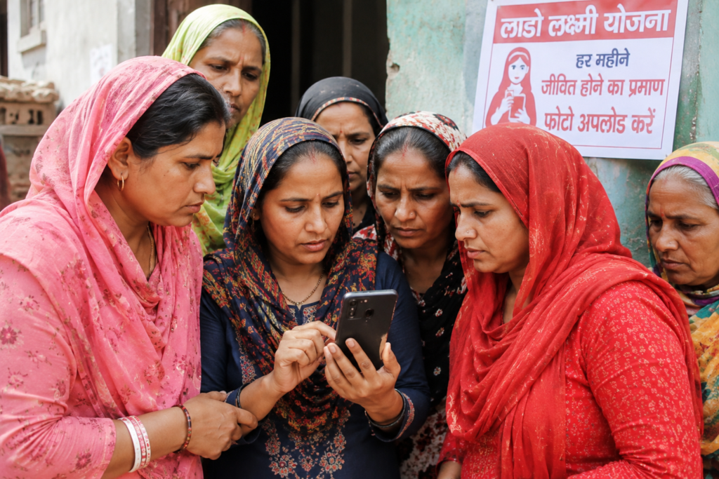 लाडो लक्ष्मी योजना के तहत हर महीने जीवित होने का प्रमाण देने के लिए मोबाइल पर जानकारी देखती हरियाणा की ग्रामीण महिलाएं