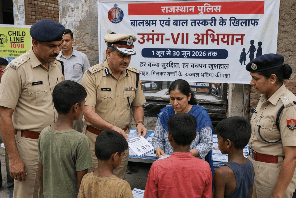 राजस्थान में बालश्रम और बाल तस्करी के खिलाफ “उमंग-VII” अभियान 1 जून से, डीजीपी ने दिए सख्त कार्रवाई के निर्देश राजस्थान पुलिस द्वारा “उमंग-VII” अभियान के तहत बालश्रम और बाल तस्करी के खिलाफ जागरूकता अभियान चलाते पुलिस अधिकारी बच्चों और स्थानीय लोगों को जानकारी देते हुए। पीछे अभियान का बड़ा बैनर दिखाई दे रहा है, जिस पर 1 जून से 30 जून 2026 तक विशेष अभियान का उल्लेख है।