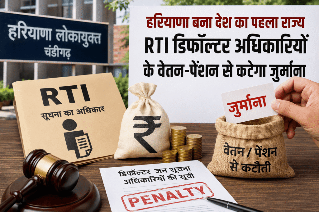हरियाणा में RTI डिफॉल्टर अधिकारियों पर कार्रवाई को दर्शाती न्यूज फोटो, जिसमें लोकायुक्त, जुर्माना वसूली, वेतन-पेंशन से कटौती और सूचना का अधिकार कानून से जुड़े प्रतीकात्मक दृश्य दिखाए गए हैं।