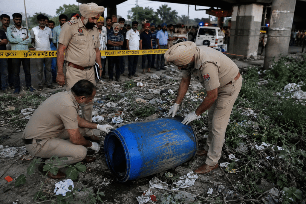 Blue Drum Murder Case News Photo: पटियाला में ओवरब्रिज के नीचे नीले ड्रम की जांच करती पुलिस टीम, युवती का शव मिलने के बाद मौके पर जुटी भीड़ और पुलिस जांच का दृश्य।