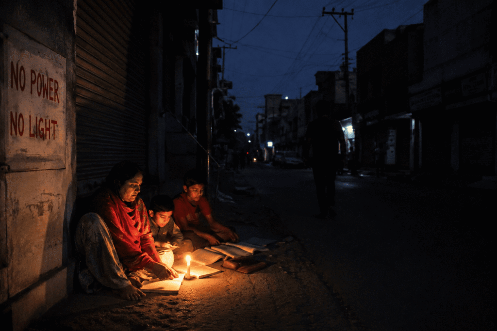 हरियाणा में बिजली कटौती के दौरान मोमबत्ती की रोशनी में पढ़ाई करते बच्चे और अंधेरे में बैठा परिवार, भीषण गर्मी और बिजली संकट का प्रतीकात्मक दृश्य-फोटो AI