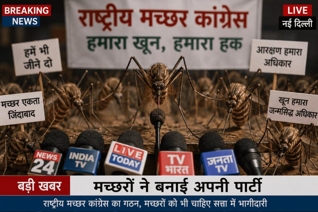 मच्छरों का सत्ता सूत्र कॉकरोच पार्टी के बाद अब राष्ट्रीय मच्छर कांग्रेस की एंट्री राष्ट्रीय मच्छर कांग्रेस की व्यंग्यात्मक प्रेस कॉन्फ्रेंस का दृश्य, मंच पर माइक्रोफोन के सामने खड़े मच्छर नेता, पीछे “हमारा खून हमारा हक” वाला बैनर, राजनीतिक नारों और टीवी चैनलों के माइक के साथ हिंदी न्यूज़ स्टाइल ग्राफिक।