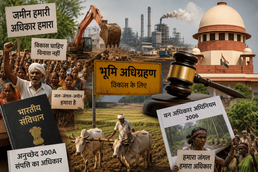 भारत, भूमि और सत्ता का सच: विकास, अधिकार और लोकतंत्र की सबसे बड़ी लड़ाई भारत में भूमि अधिग्रहण, किसान आंदोलन, आदिवासी अधिकार, संविधान, सुप्रीम कोर्ट और औद्योगिक विकास के बीच संघर्ष को दर्शाती खोजी समाचार चित्रकला।