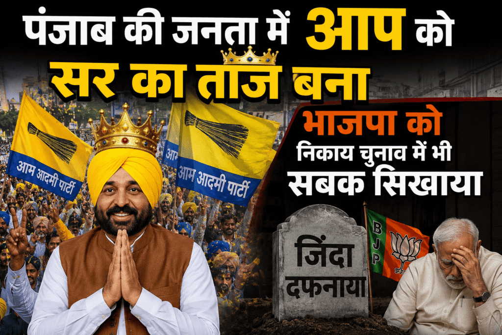 पंजाब निकाय चुनाव 2026 में आम आदमी पार्टी की बड़ी जीत को दर्शाता राजनीतिक पोस्टर, जिसमें भगवंत मान के साथ ‘आप’ समर्थकों का जश्न और दूसरी ओर भाजपा की हार का प्रतीकात्मक दृश्य दिखाया गया है।PHOTO-AI