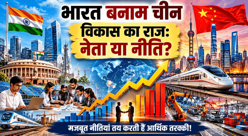 भारत और चीन के विकास मॉडल की तुलना दर्शाती न्यूज़ ग्राफिक, जिसमें आर्थिक विकास, औद्योगिक प्रगति, हाई-स्पीड ट्रेन, आधुनिक शहर, तकनीकी नवाचार और बढ़ते आर्थिक ग्राफ के माध्यम से विकास में नीतियों और नेतृत्व की भूमिका को दिखाया गया है।फोटो क्रेडिट ChatGPT