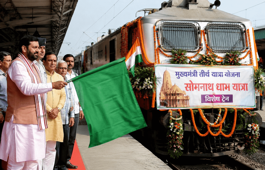 मुख्यमंत्री तीर्थ यात्रा योजना के तहत सोमनाथ धाम के लिए रवाना होने वाली विशेष ट्रेन को हरी झंडी दिखाते मुख्यमंत्री नायब सिंह सैनी, स्टेशन पर मौजूद श्रद्धालु और अधिकारी-फोटो क्रेडिट CHAT GPT