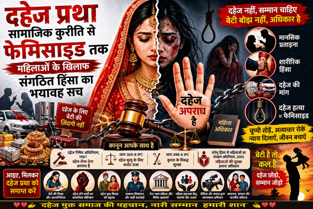 दहेज प्रथा सामाजिक कुरीति से फेमिसाइड तक, महिलाओं के खिलाफ संगठित हिंसा का भयावह सच दहेज प्रथा के खिलाफ जागरूकता दर्शाता सामाजिक पोस्टर, जिसमें दहेज उत्पीड़न, घरेलू हिंसा, दहेज हत्या, महिला अधिकार, कानूनी सुरक्षा और दहेज मुक्त समाज का संदेश प्रदर्शित किया गया है।-ChatGPT Image