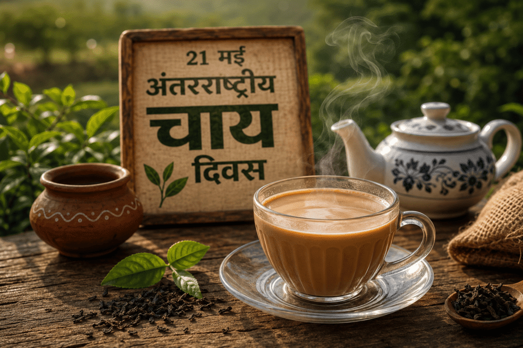 अंतरराष्ट्रीय चाय दिवस 2026 पर सामान्य समाचार फोटो, जिसमें लकड़ी की मेज पर गर्मागर्म चाय का कप, चाय की पत्तियां, केतली और पृष्ठभूमि में हरे-भरे चाय बागान के साथ 21 मई अंतरराष्ट्रीय चाय दिवस का संदेश दर्शाया गया है।