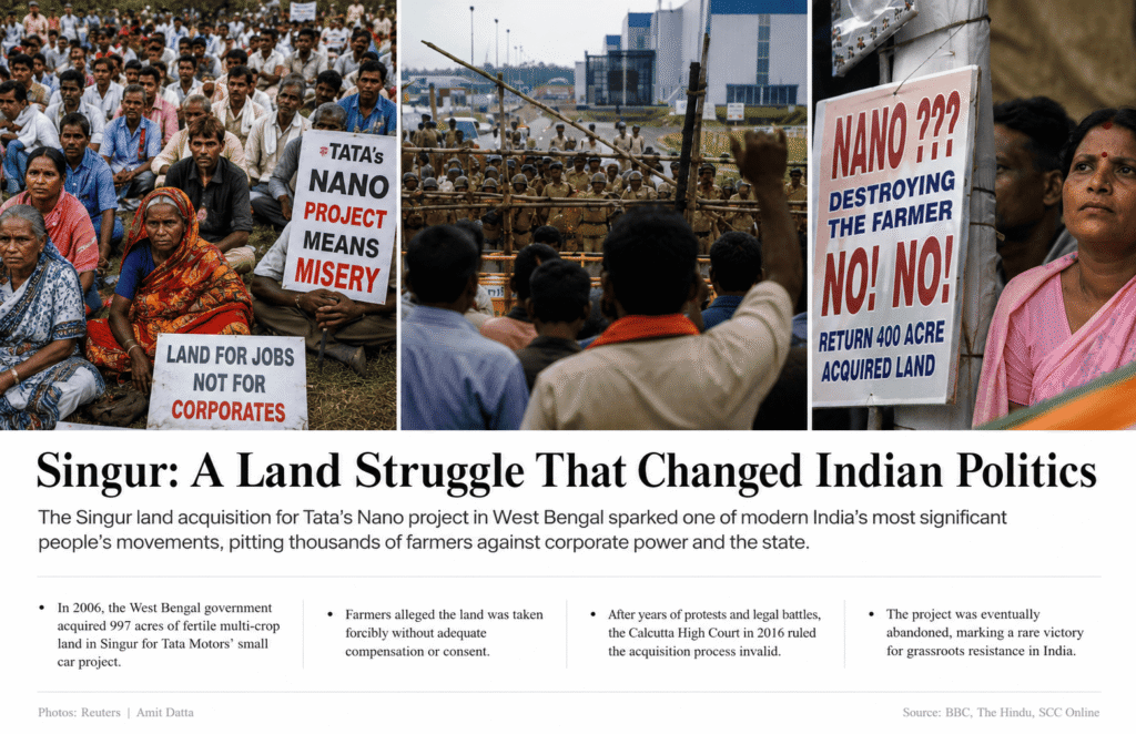 पश्चिम बंगाल के सिंगूर में टाटा नैनो परियोजना के खिलाफ किसानों का आंदोलन, पुलिस बैरिकेडिंग, विरोध पोस्टर और ग्रामीणों की तस्वीरों के साथ भारत के भूमि अधिकार संघर्ष पर आधारित अंतरराष्ट्रीय शैली की डॉक्यूमेंट्री न्यूज कोलाज। पश्चिम बंगाल के सिंगूर में टाटा नैनो परियोजना के खिलाफ किसानों का आंदोलन, पुलिस बैरिकेडिंग, विरोध पोस्टर और ग्रामीणों की तस्वीरों के साथ भारत के भूमि अधिकार संघर्ष पर आधारित अंतरराष्ट्रीय शैली की डॉक्यूमेंट्री न्यूज कोलाज।
