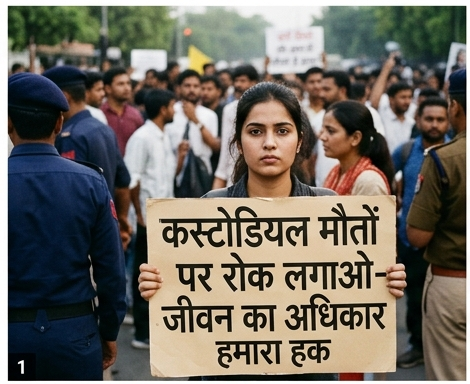 इसमें एक युवा महिला हाथ में तख्ती लिए खड़ी है, जिस पर लिखा है: *"कस्टोडियल मौतों पर रोक लगाओ - जीवन का अधिकार हमारा हक"। उसके पीछे नागरिकों की भीड़ और पुलिस बल दिखाई दे रहे हैं।
