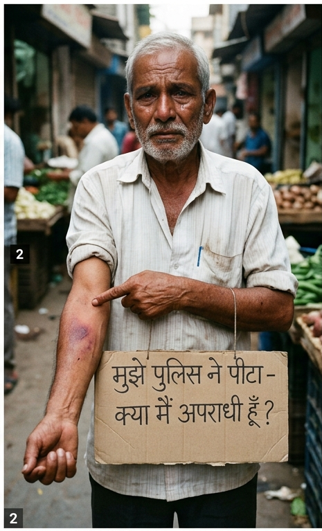 एक बुजुर्ग, गरीब सब्जी विक्रेता (वेजिटेबल वेंडर) रोती हुई आँखों से अपने हाथ पर पुलिस की लाठी के नीले निशान (चोट) को दिखा रहा है। उसके गले में लटके गत्ते पर लिखा है: "मुझे पुलिस ने पीटा - क्या मैं अपराधी हूँ?"। यह आलेख के 'वायरल घटनाएं और वास्तविकता' वाले हिस्से को दर्शाता है, जहाँ ज़िक्र है कि कैसे रोज़मर्रा कमाकर खाने वाले गरीब लोग पुलिसिया बर्बरता के सबसे आसान शिकार बनते हैं।