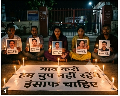रात के समय एक थाने या सरकारी इमारत के बाहर कुछ लोग कस्टडी में मारे गए पीड़ितों की तस्वीरें और मोमबत्तियां लेकर धरने पर बैठे हैं। उनके सामने बैनर पर लिखा है: *"याद करो - हम चुप नहीं रहेंगे, इंसाफ चाहिए"।लेख से जुड़ाव: यह आलेख के निष्कर्ष: जागो भारत और "चुप्पी हत्यारी है" वाले संदेश को पूरी ताकत से बयां करता है। यह पीड़ितों को याद रखने और न्याय की लड़ाई को जिंदा रखने का प्रतीक है।