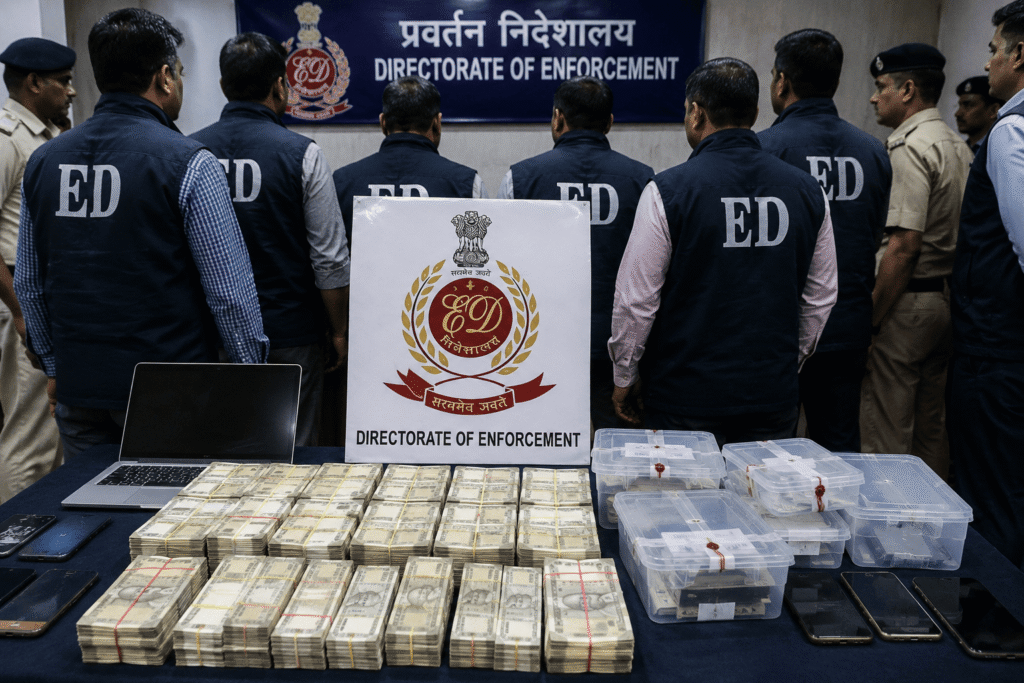 परिमैच सट्टेबाजी ऐप पर ईडी का बड़ा एक्शन 17 ठिकानों पर छापे परिमैच ऑनलाइन सट्टेबाजी मामले में ईडी की बड़ी कार्रवाई, छापेमारी के दौरान बरामद नकदी और डिजिटल उपकरण।
