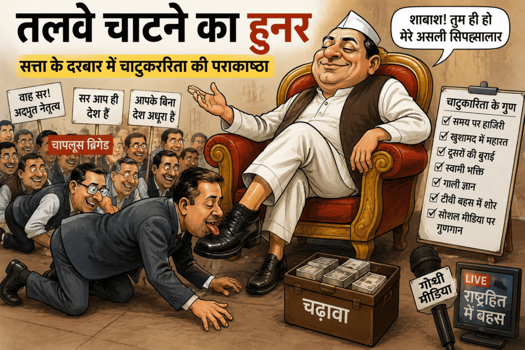 तलवे चाटने का हुनर भारतीय राजनीति और चाटुकारिता पर तीखा व्यंग्य सत्ता के केंद्र में बैठे नेता और उनके आसपास खुशामद करते समर्थकों को दर्शाता व्यंग्यात्मक राजनीतिक कार्टून, जो चाटुकारिता, सत्ता संस्कृति और राजनीतिक अवसरवाद पर कटाक्ष करता है।