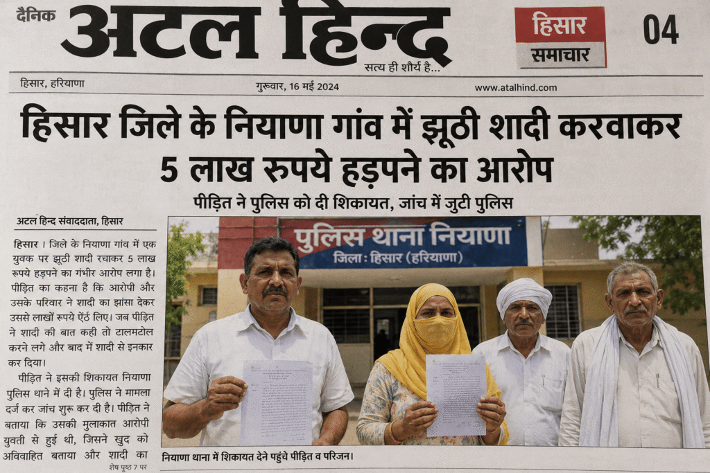 शादी का झांसा देकर 5 लाख रुपये ठगने का आरोप: तोशाम की दो महिलाओं समेत 5 लोगों पर केस दर्ज हिसार जिले के नियाणा गांव में कथित झूठी शादी के नाम पर 5 लाख रुपये की ठगी का मामला, पीड़ित व्यक्ति पुलिस में शिकायत दर्ज करवाते हुए AI से बनाया फोटो कुछ काल्पनिक पात्र – ATAL HIND