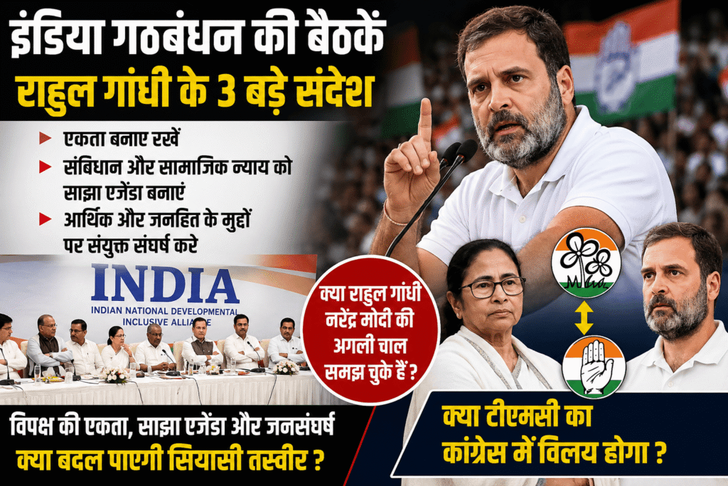 इंडिया गठबंधन राहुल गांधी की बदलती राजनीति और टीएमसी–कांग्रेस विलय की अटकलों का विश्लेषण इंडिया गठबंधन की बैठकों, राहुल गांधी की बदलती राजनीतिक शैली और विपक्षी दलों के साझा एजेंडे पर विस्तृत विश्लेषण