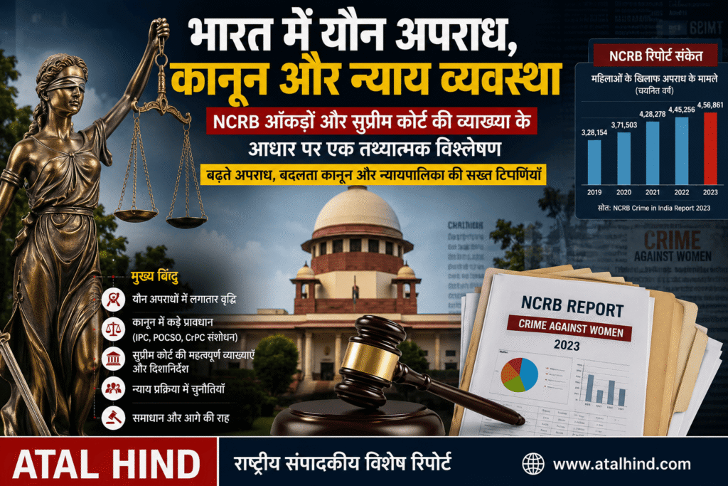 भारत में यौन अपराधों, कानून और न्याय व्यवस्था पर आधारित एक समाचार पोस्टर, जिसमें सुप्रीम कोर्ट की धुंधली इमारत, न्याय की देवी (Lady Justice), गेवेल और NCRB रिपोर्ट के ग्राफ शामिल हैं। पोस्टर में अपराध के आंकड़ों का विश्लेषण और महिला अपराधों पर बढ़ते मामलों का डेटा दर्शाया गया है।”