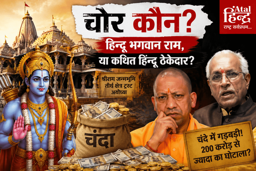 रामलला की गुल्लक में सेंध या सियासी विमर्श? चंदा पारदर्शिता पर उठते बड़े सवाल तेरी गुल्लक में लागा चोर रामलला जाग जरा! चोर कोण हिन्दू भगवान राम ,या कथित हिन्दू ठेकेदार-राम मंदिर चंदा विवाद पर संपादकीय ग्राफिक, भगवान राम की प्रतीकात्मक छवि, अयोध्या राम मंदिर, दान राशि, ट्रस्ट प्रबंधन, चंदा पारदर्शिता और कथित वित्तीय अनियमितताओं पर उठते सवाल दर्शाता समाचार चित्र।