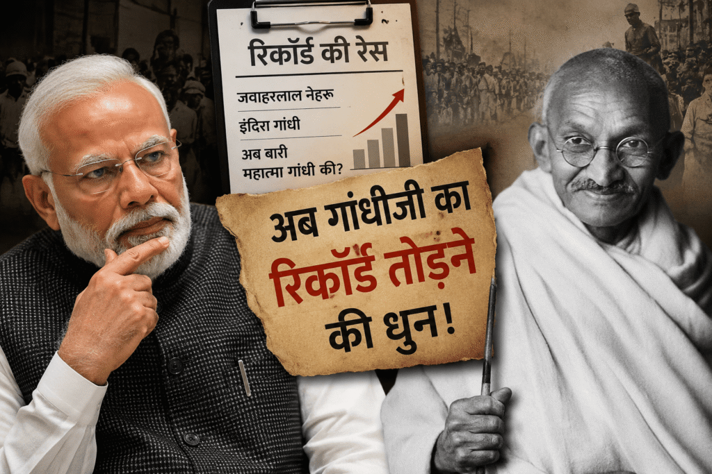 अब गांधीजी का रिकॉर्ड तोड़ने की धुन! महात्मा गांधी और नरेंद्र मोदी को दर्शाता राजनीतिक व्यंग्यात्मक चित्र, जिसमें रिकॉर्ड, नेतृत्व और भारतीय राजनीति पर टिप्पणी को प्रतीकात्मक रूप से प्रस्तुत किया गया है।"