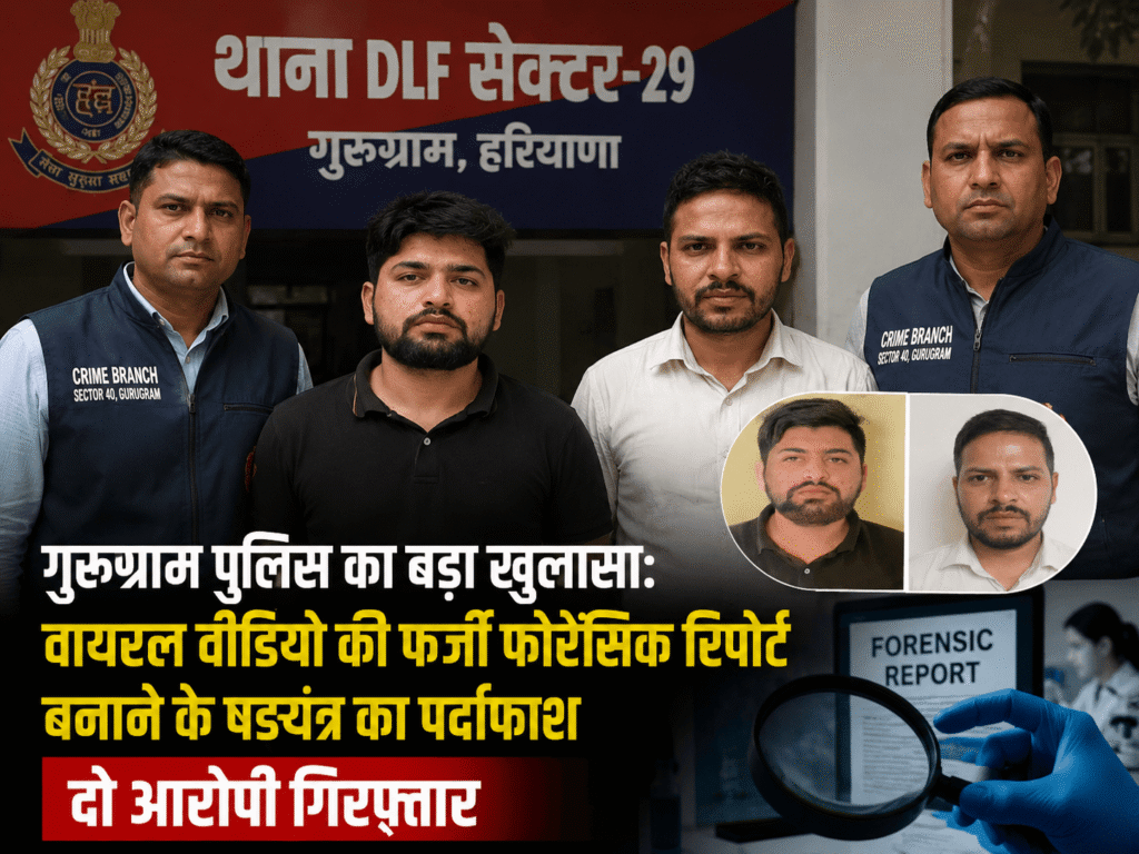 गुरुग्राम पुलिस द्वारा वायरल वीडियो की फर्जी फोरेंसिक रिपोर्ट मामले में गिरफ्तार दो आरोपी, डीएलएफ सेक्टर-29 थाना परिसर में पुलिस कार्रवाई के दौरान।