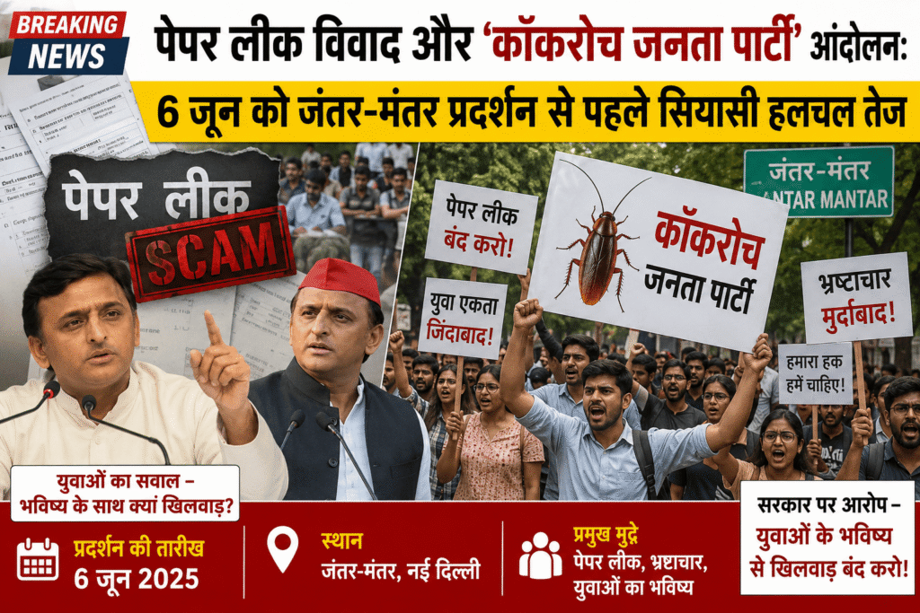 पेपर लीक विवाद और ‘कॉकरोच जनता पार्टी’ आंदोलन को दर्शाती समाचार ग्राफिक। जंतर-मंतर पर 6 जून के प्रस्तावित प्रदर्शन से पहले युवा प्रदर्शनकारी हाथों में तख्तियां लेकर विरोध जताते दिख रहे हैं। पोस्टर पर पेपर लीक, भ्रष्टाचार और युवाओं के भविष्य से जुड़े मुद्दे प्रमुखता से उभरे हैं। राजनीतिक नेताओं की तस्वीरों और जंतर-मंतर के प्रतीकात्मक दृश्य के साथ सियासी हलचल और जनआक्रोश को दर्शाती हिंदी न्यूज इमेज।