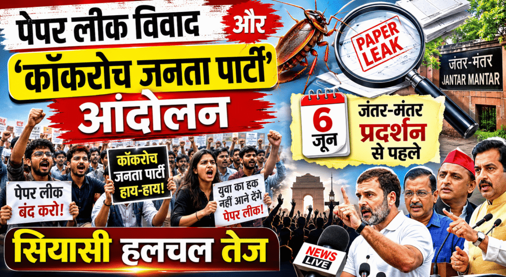 पेपर लीक विवाद पर 6 जून जंतर-मंतर प्रदर्शन से पहले ‘कॉकरोच जनता पार्टी’ आंदोलन और बढ़ती सियासी हलचल को दर्शाती न्यूज इमेज।-ChatGPT Image 