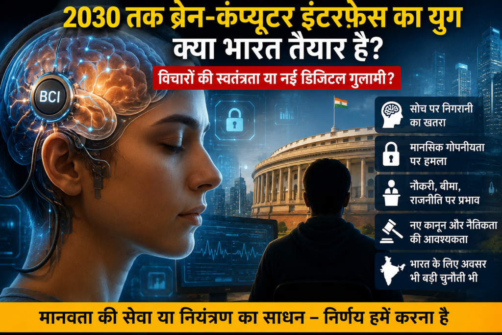 2030 तक ब्रेन-कंप्यूटर इंटरफेस (BCI) तकनीक पर आधारित भविष्यवादी समाचार चित्र, जिसमें मानव मस्तिष्क से जुड़ी डिजिटल चिप, भारत की संसद, डेटा सुरक्षा, मानसिक गोपनीयता, न्यूरो-राइट्स और तकनीकी क्रांति के अवसर एवं खतरों को दर्शाया गया है।-ChatGPT Image