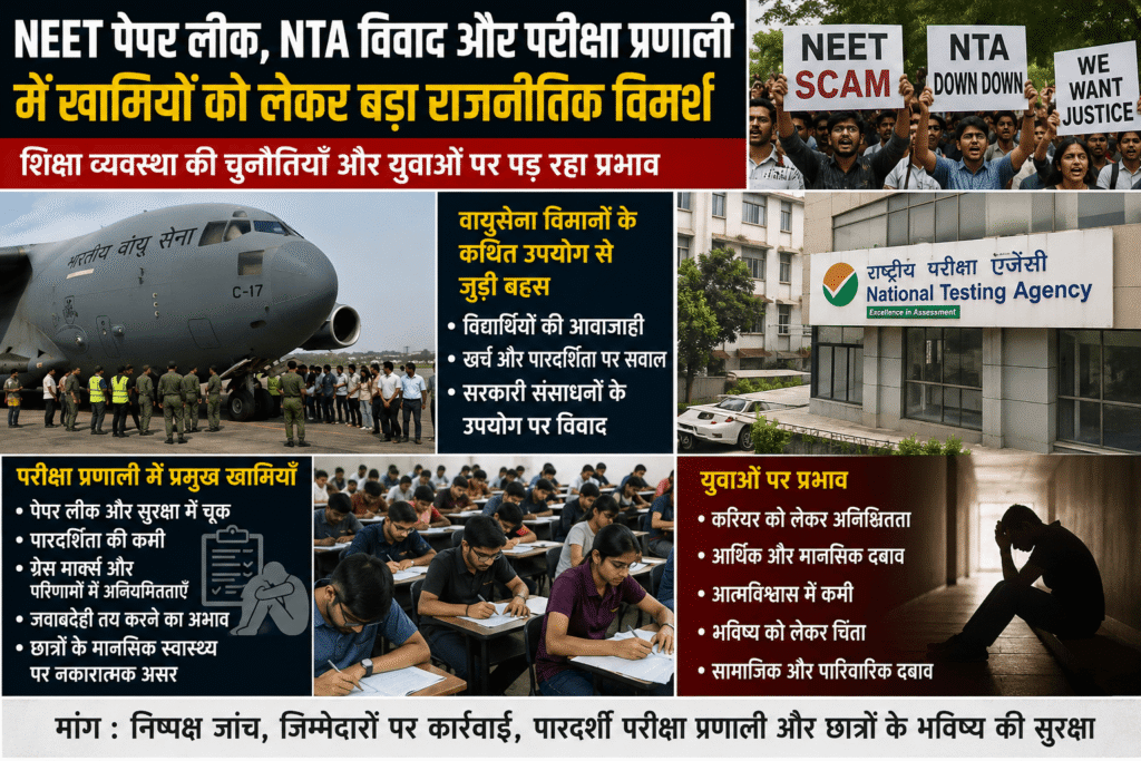 NEET पेपर लीक, NTA विवाद और परीक्षा प्रणाली में खामियों को लेकर चल रहे राजनीतिक विमर्श का समाचार ग्राफिक। इसमें छात्रों के विरोध प्रदर्शन, परीक्षा देते विद्यार्थी, राष्ट्रीय परीक्षण एजेंसी (NTA) भवन, वायुसेना विमान C-17 और थके हुए युवा की प्रतीकात्मक छवि के माध्यम से शिक्षा व्यवस्था पर उठते सवाल और युवाओं पर पड़ रहे मानसिक व सामाजिक प्रभाव को दर्शाया गया है।”