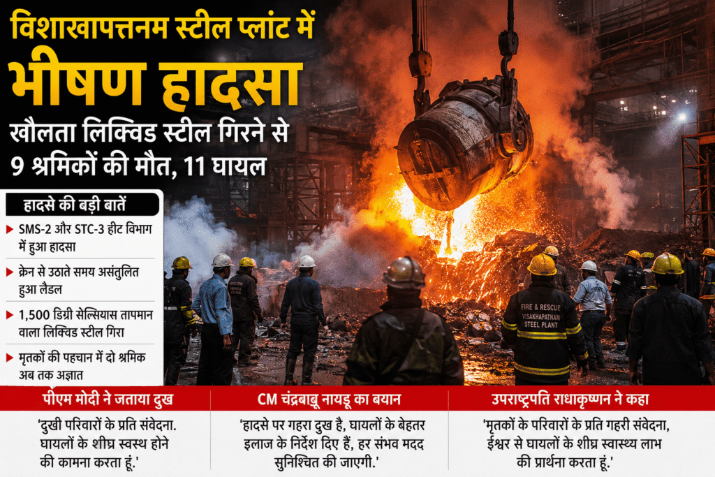 विशाखापत्तनम स्टील प्लांट में हुए भीषण औद्योगिक हादसे का सांकेतिक दृश्य, जिसमें खौलता हुआ लिक्विड स्टील गिरने से आग और अफरा-तफरी का माहौल दिखाई दे रहा है। हादसे में 9 श्रमिकों की मौत और 11 अन्य घायल हुए।
