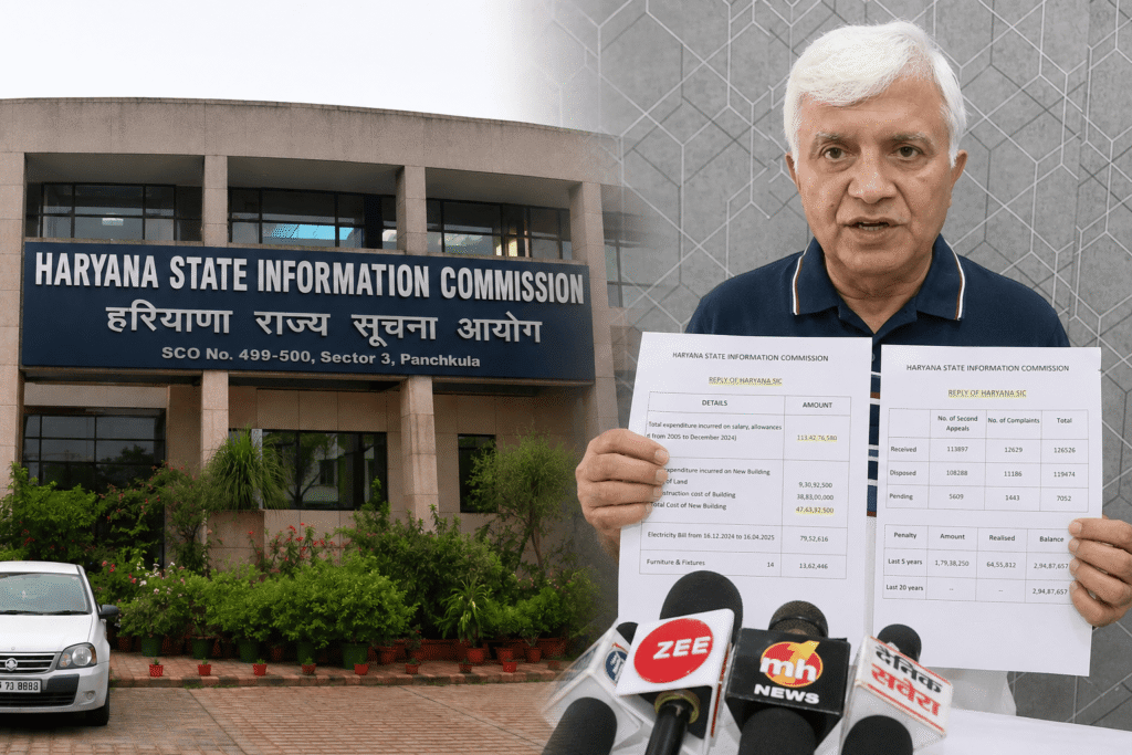 आरटीआई एक्टिविस्ट पीपी कपूर हरियाणा राज्य सूचना आयोग के 20 वर्षों के खर्च और कार्यप्रणाली से जुड़े दस्तावेज मीडिया के सामने प्रस्तुत करते हुए। पृष्ठभूमि में पंचकूला स्थित हरियाणा राज्य सूचना आयोग की इमारत दिखाई दे रही है।-ChatGPT Image