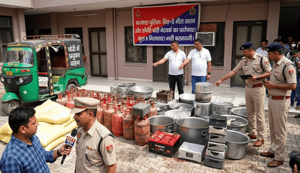 करनाल पुलिस द्वारा मिड-डे मील राशन और गैस सिलेंडर चोरी करने वाले गिरोह से बरामद किया गया सामान और जांच करती सीआईए-3 टीम