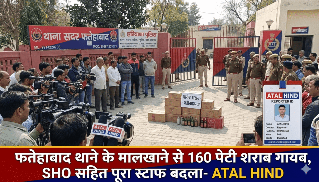 फोटो में फतेहाबाद थाने के मालखाने से 160 पेटी शराब के गायब होने की घटना को दर्शाया गया है।