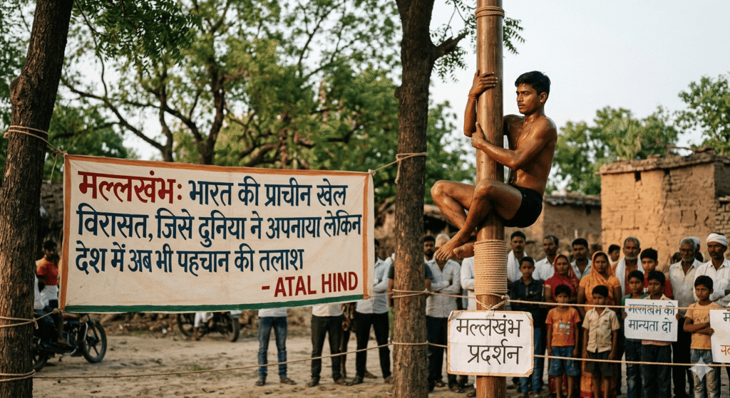 यह तस्वीर एक मल्लखंभ के खंभे पर नक्काशी (या संदेश) के रूप में "मल्लखंभ: भारत की प्राचीन खेल विरासत, जिसे दुनिया ने अपनाया लेकिन देश में अब भी पहचान की तलाश - अटल हिंद" का संदेश दिखाती है। पृष्ठभूमि में ग्रामीण परिवेश और दर्शक दिखाई दे रहे हैं। भारत के प्राचीन खेल मल्लखंभ का प्रदर्शन करते हुए खिलाड़ी और 'अटल हिंद' का संदेश देता बैनर।