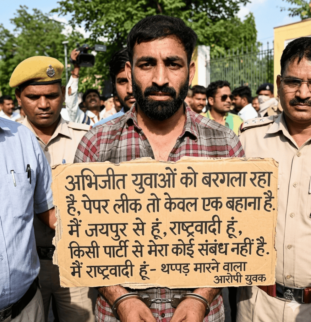 कॉकरोच जनता पार्टी के संस्थापक अभिजीत दीपके को जड़ा थप्पड़; 5 गिरफ्तार जयपुर में पुलिस हिरासत में एक युवक, जिसके हाथ में एक कार्डबोर्ड का पोस्टर है, जिस पर लिखा है कि अभिजीत युवाओं को बरगला रहा है और वह एक राष्ट्रवादी है।