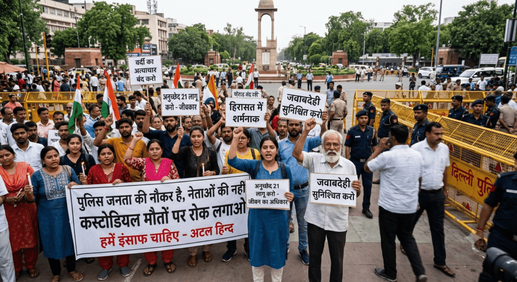 भारतीय पुलिस के बढ़ते अत्याचार: आंकड़े, कानून और संवैधानिक सच्चाई क्या हो रहा है: यह एक सड़क पर आयोजित किया गया प्रदर्शन है। लोग पोस्टर और बैनर लेकर "कस्टोडियल मौतों" और "पुलिस की जवाबदेही" की मांग कर रहे हैं।