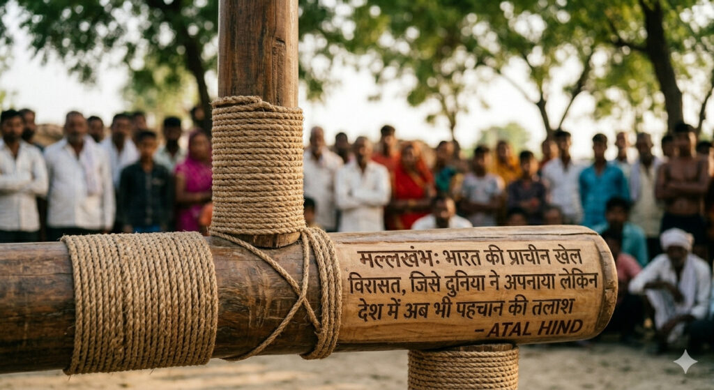 मल्लखंभ: भारत की प्राचीन खेल विरासत, जिसे दुनिया ने अपनाया लेकिन देश में अब भी पहचान की तलाश भारत के प्राचीन खेल मल्लखंभ का प्रदर्शन करते हुए खिलाड़ी और 'अटल हिंद' का संदेश देता बैनर।