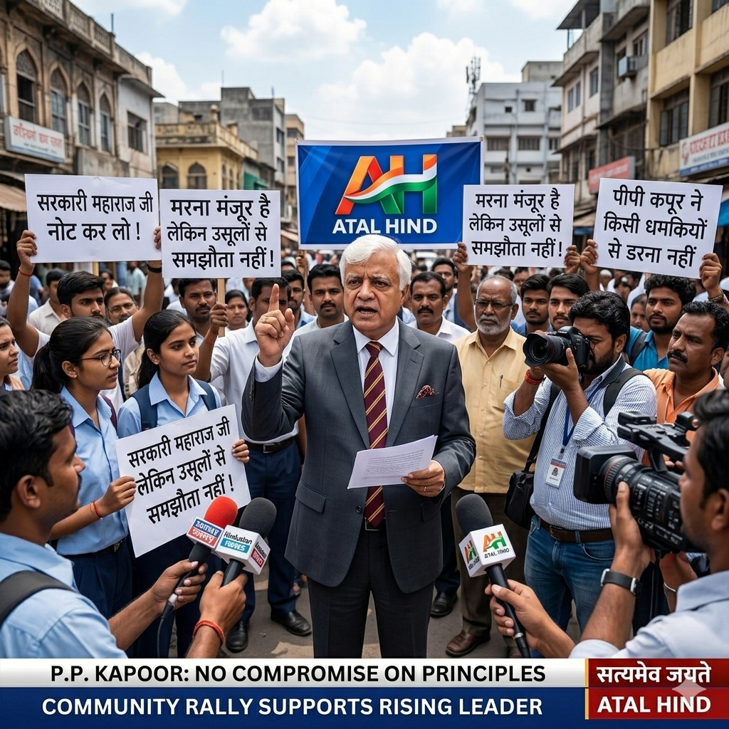 ज्ञानानंद महाराज और पीपी कपूर विवाद: क्या है पूरा सच? -Atal Hind एक सार्वजनिक रैली या विरोध प्रदर्शन जैसा माहौल दर्शाती है, जहाँ लोग पी.पी. कपूर के समर्थन में नारे लिखी तख्तियां लेकर P P KAPOOR खड़े हैं।