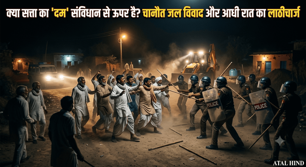 यह तस्वीर ग्रामीणों और पुलिस के बीच आधी रात को हुए टकराव के दृश्य को जीवंत करती है।