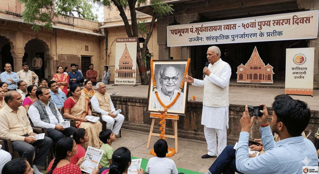 पद्मभूषण पं. सूर्यनारायण व्यास: भारत की आजादी के मुहूर्त से लेकर कालजयी साहित्य तक, एक युगद्रष्टा का जीवन उज्जैन में पद्मभूषण पं. सूर्यनारायण व्यास के 50वें पुण्य स्मरण दिवस पर आयोजित कार्यक्रम में उनके चित्र पर माल्यार्पण करते हुए अतिथि और उपस्थित जनसमूह.